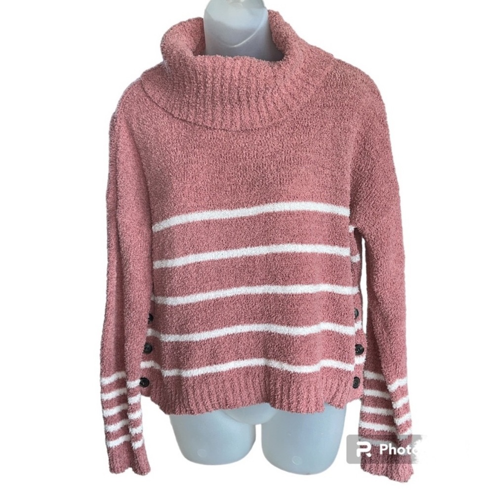 Moral Fiber Juniors Chenille Turtleneck Sweater Pink Mauve and White Striped